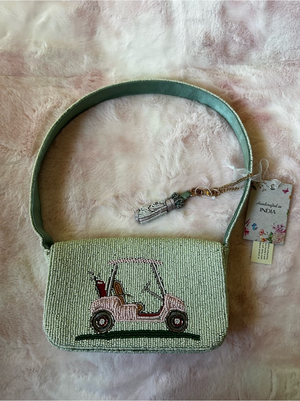Golf Cart - Mint Green Beaded Shoulder Bag Purse - Handcrafted in India NWT